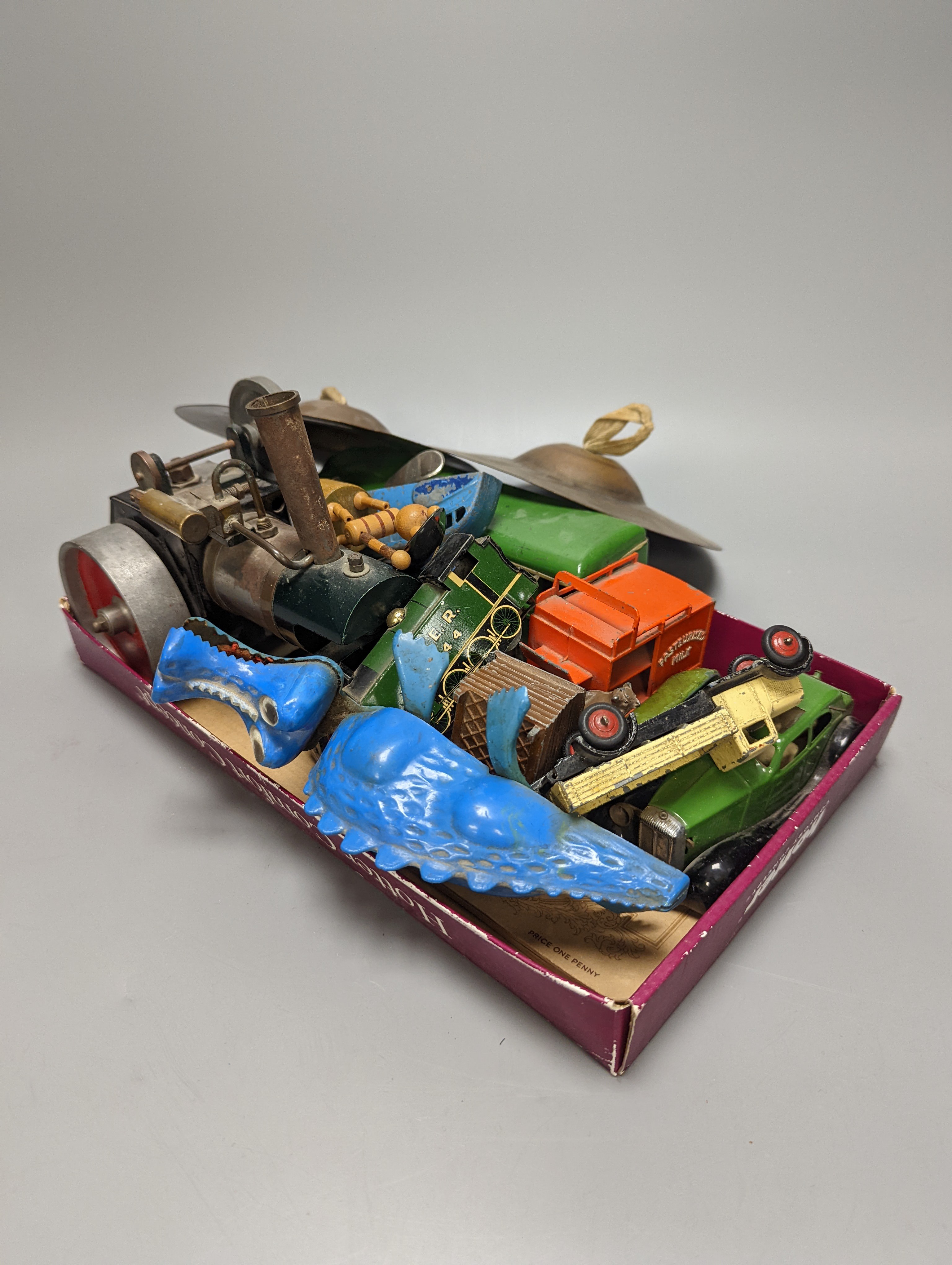 A quantity of mixed toy cars including Dinky and a steam engine